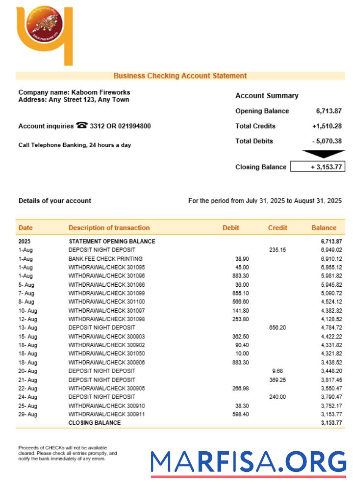 Realistic Druk PNB bank firm account statement Word and PDF template